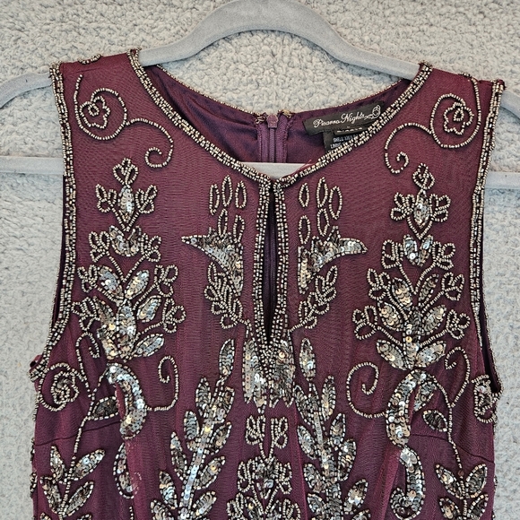 Pisarro Night Womens T Length Silver Beaded Gown Sz 8 Wine Color Chiffon Lined - Picture 3 of 15